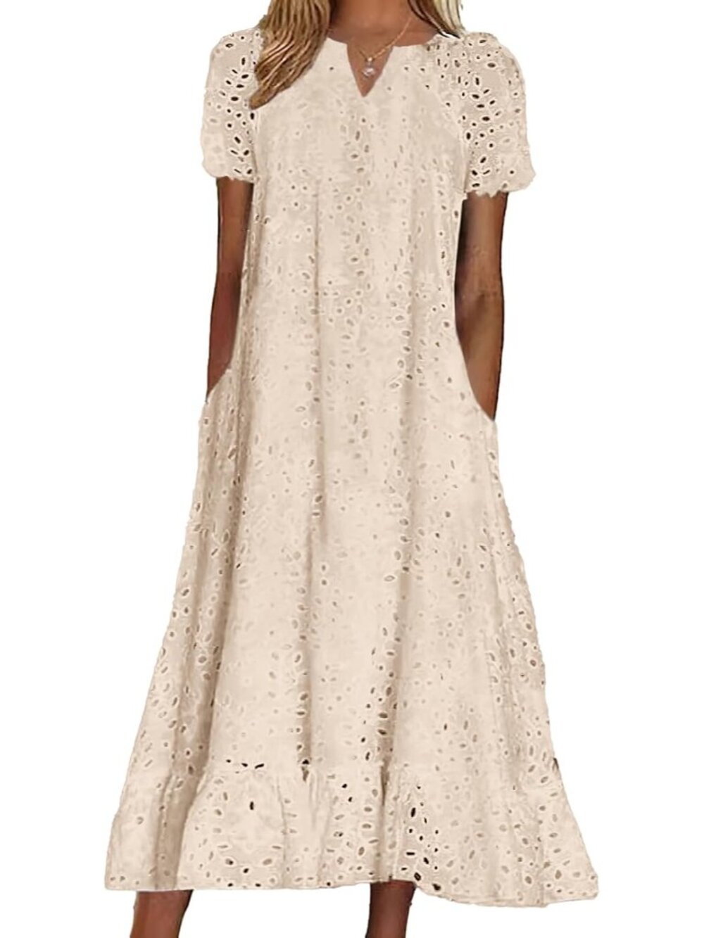 Women Summer Ruffle Hem Floral Lace Eyelet Dress Casual Notch Neck Midi Tunic Dr